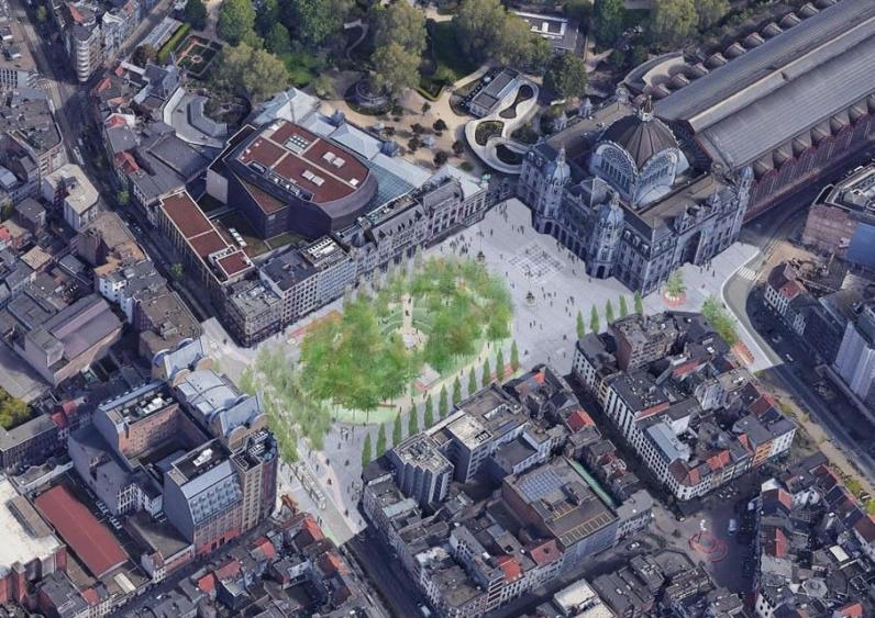 Een simulatiebeeld van het nieuwe Astridplein naar het ontwerp van Bureau Bas Smets. © Bureau Bas Smets