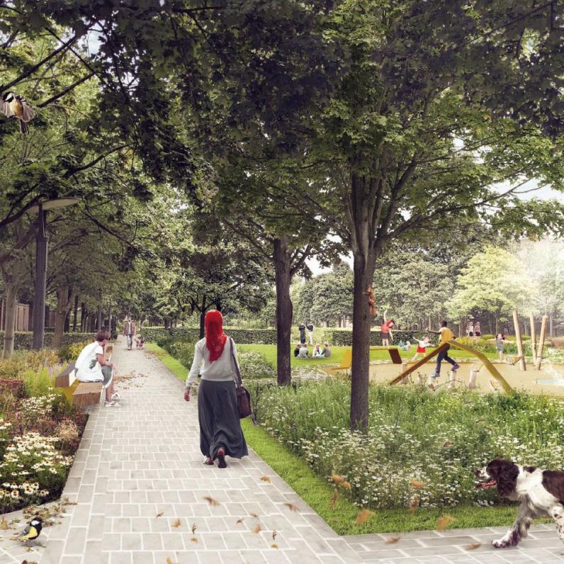 De toekomstige aanblik van het Gieterijpark. © OMGEVING / ERU Urbanisme