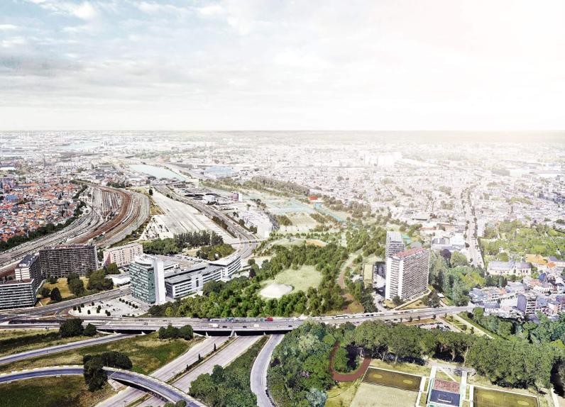 Een visualisatie van Ringpark Het Schijn bovenop de Antwerpse Ring: een groene verbinding tussen Deurne en Borgerhout. © OMGEVING