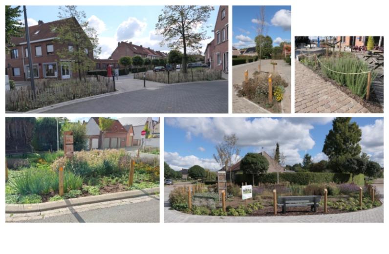 De 'Groene Oases op Straat' van het proefjaar van links naar rechts: Kongostraat in Turnhout, Dorpstraat in Zandhoven, Stationsplein in Duffel (bovenaan) en de Sniederstraat en Arthur Verhoevenlaan in Zandhoven (onderaan). © Provincie Antwerpen