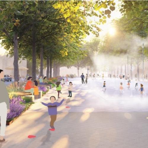 Een impressie van hoe het Vetten Osplein in de Slachthuiswijk er zal uitzien. © Sweco Belgium – Posad Maxwan – LOLA Landscape Architects