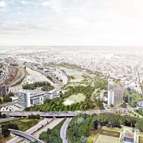 Een visualisatie van Ringpark Het Schijn bovenop de Antwerpse Ring: een groene verbinding tussen Deurne en Borgerhout. © OMGEVING