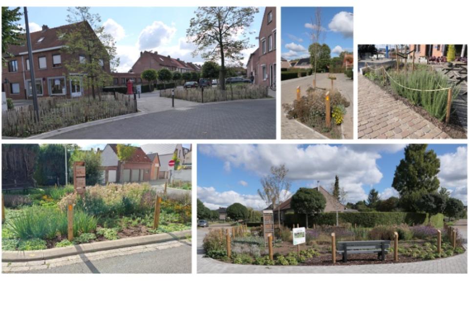 De 'Groene Oases op Straat' van het proefjaar van links naar rechts: Kongostraat in Turnhout, Dorpstraat in Zandhoven, Stationsplein in Duffel (bovenaan) en de Sniederstraat en Arthur Verhoevenlaan in Zandhoven (onderaan). © Provincie Antwerpen