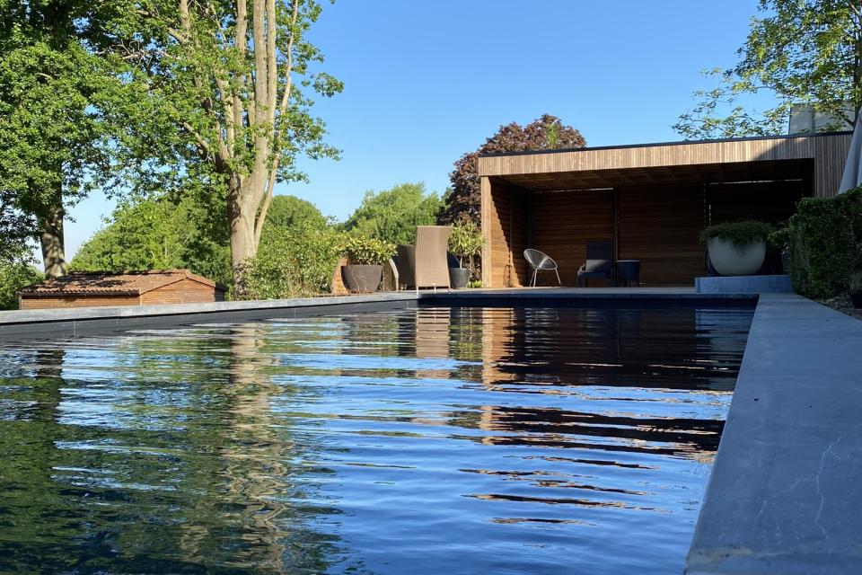 Gerenoveerde hedendaagse tuin met zwembad 'Zalig zwemmen in gerenoveerde villatuin'