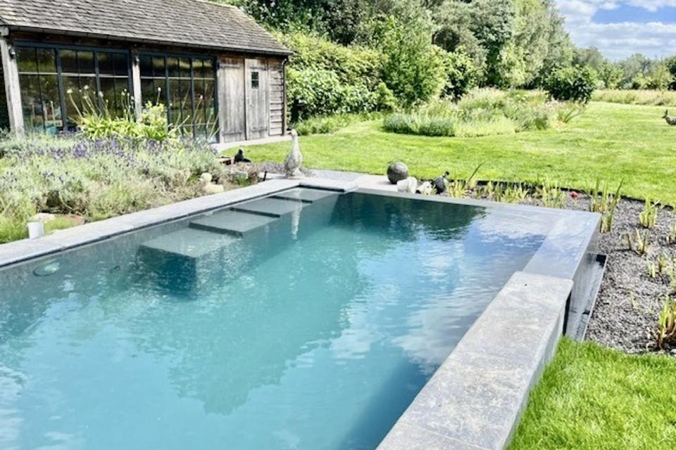 Biopool infinity met donkergrijze liner, trap