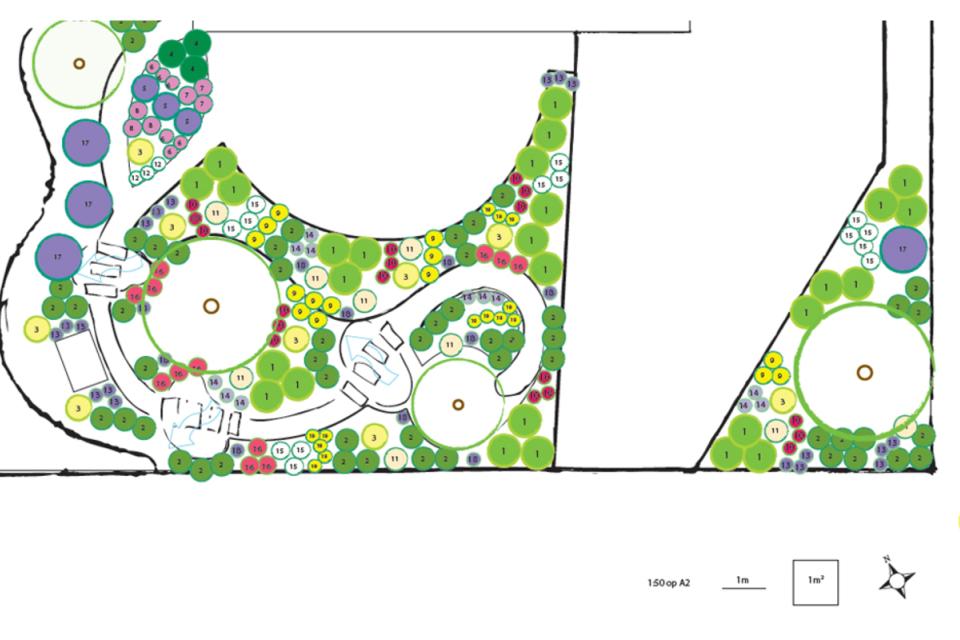 Uitgetekend beplantingsplan van een prairietuin met wadi's en waterelementen. Een prachtige binnenkomer voor de bewoners én een thuis voor amfibieën en insecten.